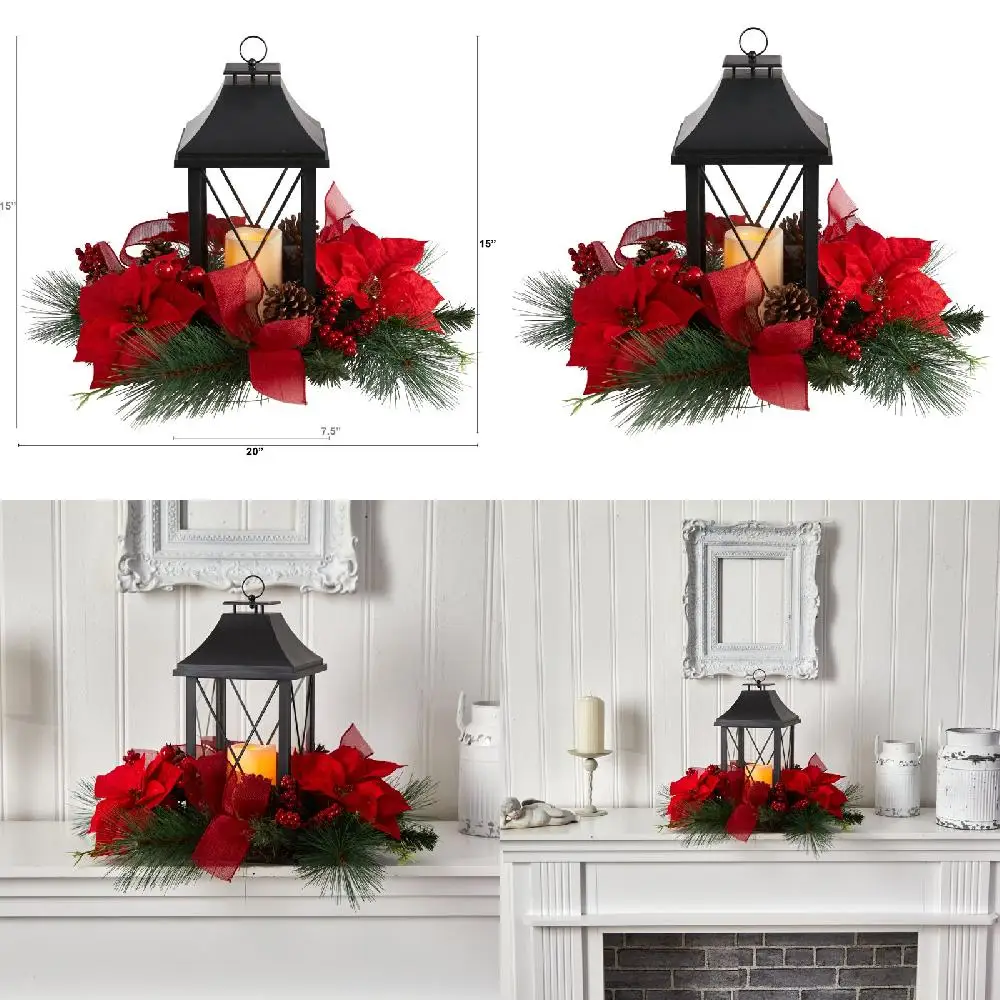 Festive Christmas Poinsettia, Pinecone and Greenery with Lantern Artificial Flower Arrangement for Holiday Decoration.
Festive Christmas Poinsettia, Pinecone and Greenery with Lantern Artificial Flower Arrangement for Holiday Decoration.