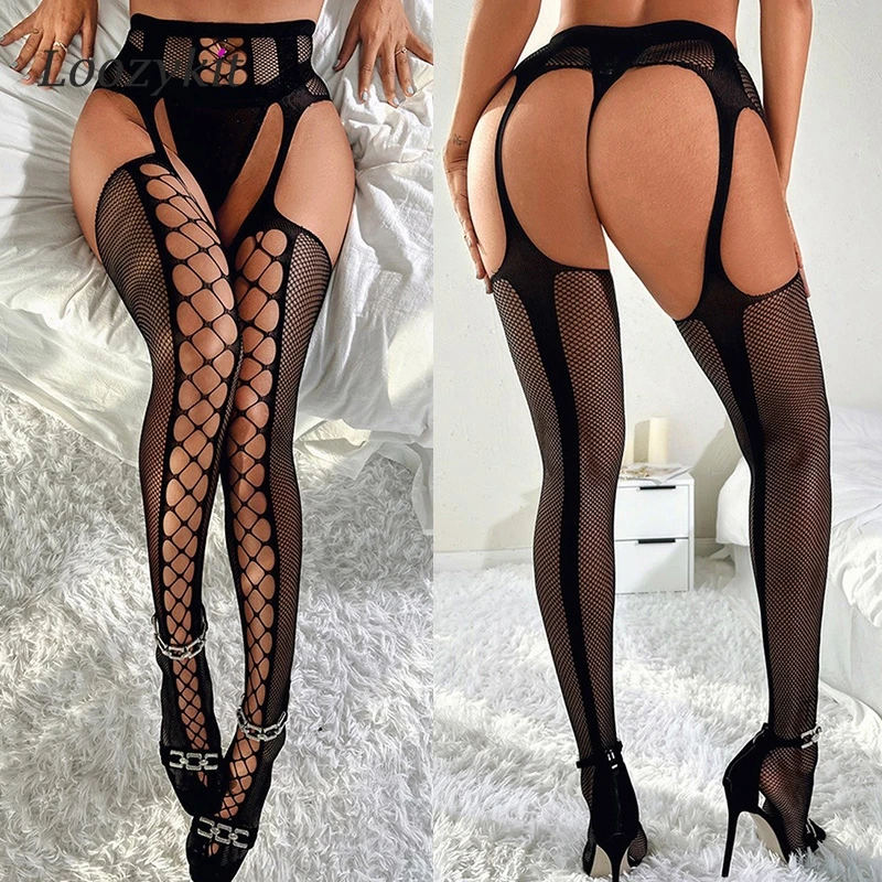 

New Sexy Fishnet Stockings For Sex Mesh Transparent Underwear Women's Nylon Thigh High Stockings With Garters Open Crotch Tights