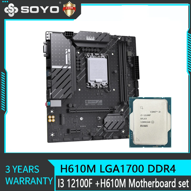 SOYO Motherboard Set Classic H610M with Intel I3 12100F Chip CPU LGA1700 DDR4 Desktop RAM Memory NVME USB M.2 for DIY Computers
SOYO Motherboard Set Classic H610M with Intel I3 12100F Chip CPU LGA1700 DDR4 Desktop RAM Memory NVME USB M.2 for DIY Computers