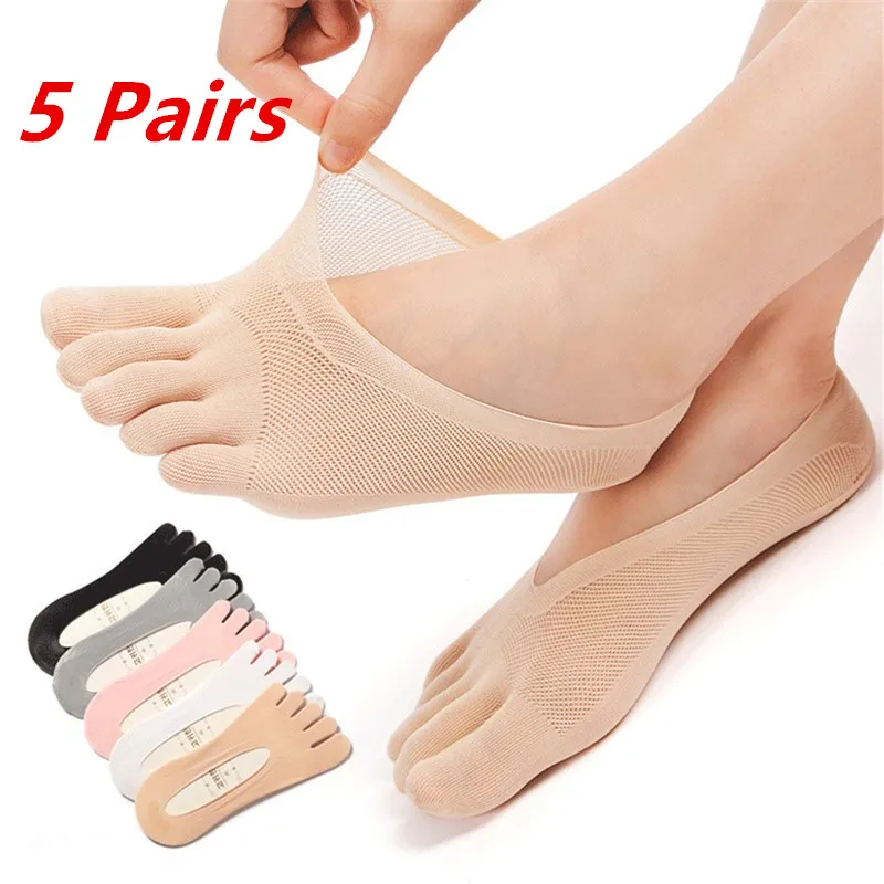 

10pcs=5 Pairs/Lot Women Summer Five-Finger Socks Ultrathin Funny Toe Invisible Boat Sokken Silicone Breathable Short Low Sox