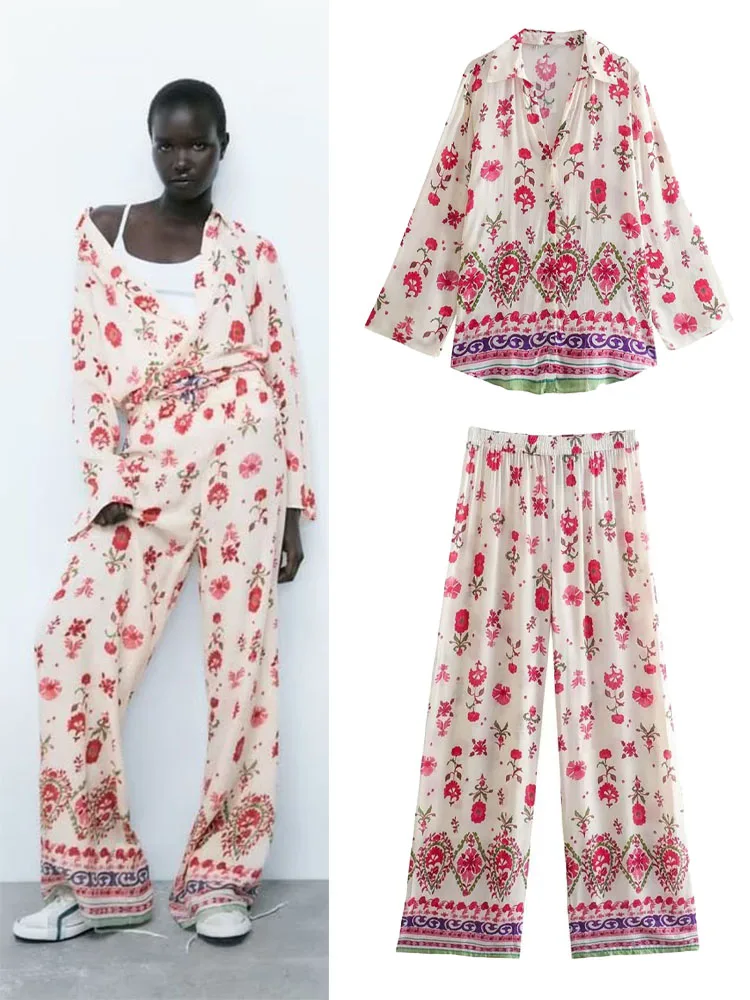Summer new women's casual long-sleeved lapel hem slit printed shirt + high-waisted wide-leg pants of the same fabric
Summer new women's casual long-sleeved lapel hem slit printed shirt + high-waisted wide-leg pants of the same fabric