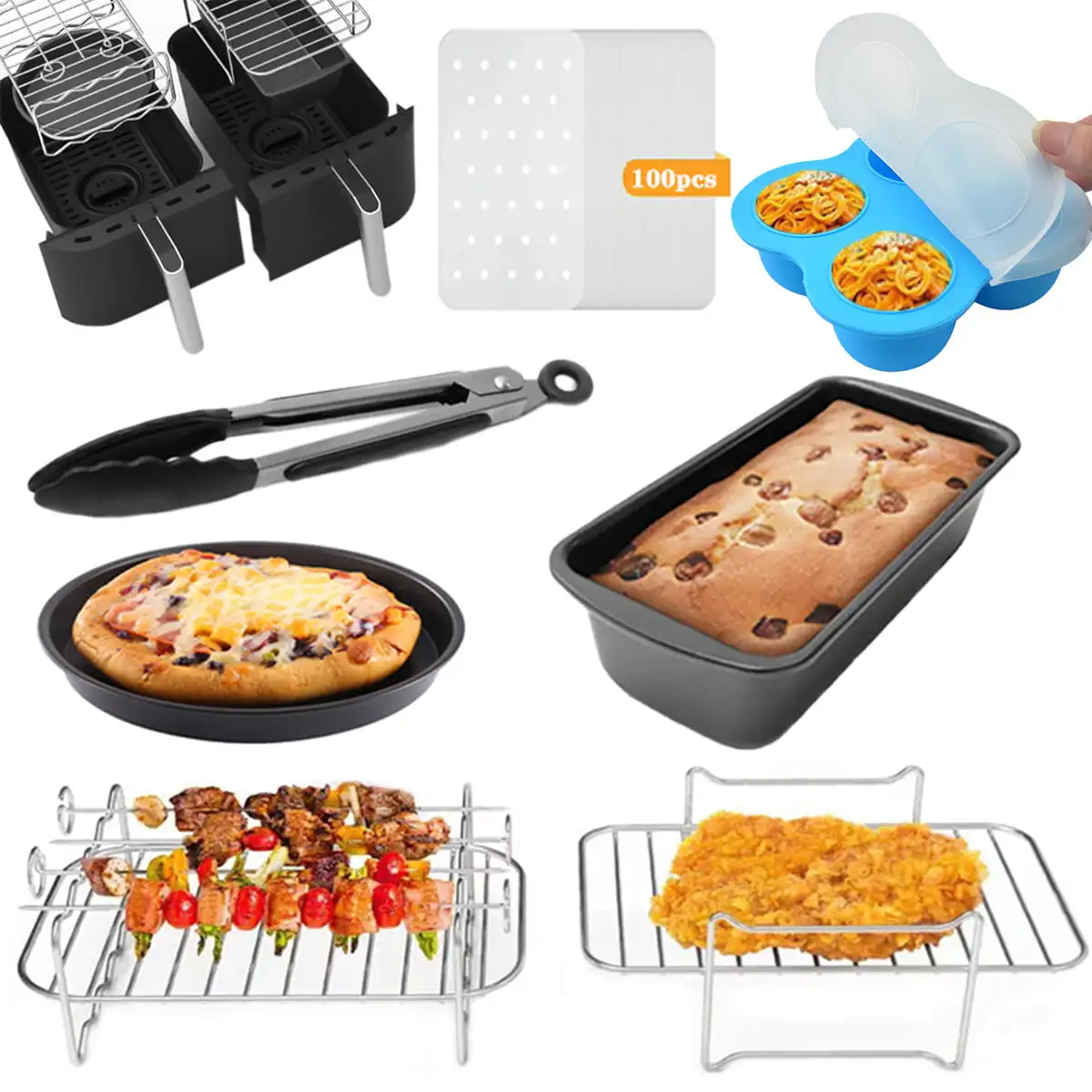 Air Fryer Accessories 7Packs Fit for Most Air Fryers Oven Cake & Pizza Pan, Kitchen Tongs,100pcs Air Fryer Paper Liners,Air Frye
Air Fryer Accessories 7Packs Fit for Most Air Fryers Oven Cake & Pizza Pan, Kitchen Tongs,100pcs Air Fryer Paper Liners,Air Frye