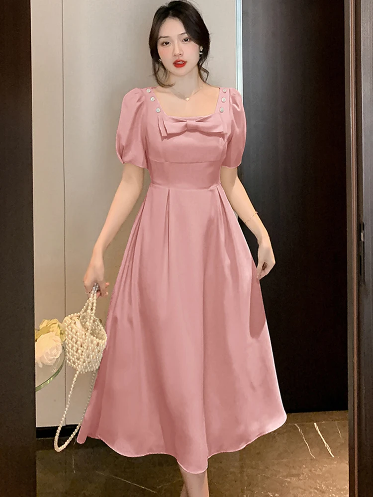 2023 Pink Short Sleeve Bow Square Collar Midi Dress Women Elegant Bodycon Formal Dress Summer Korean Fashion Luxury Night Dress
2023 Pink Short Sleeve Bow Square Collar Midi Dress Women Elegant Bodycon Formal Dress Summer Korean Fashion Luxury Night Dress