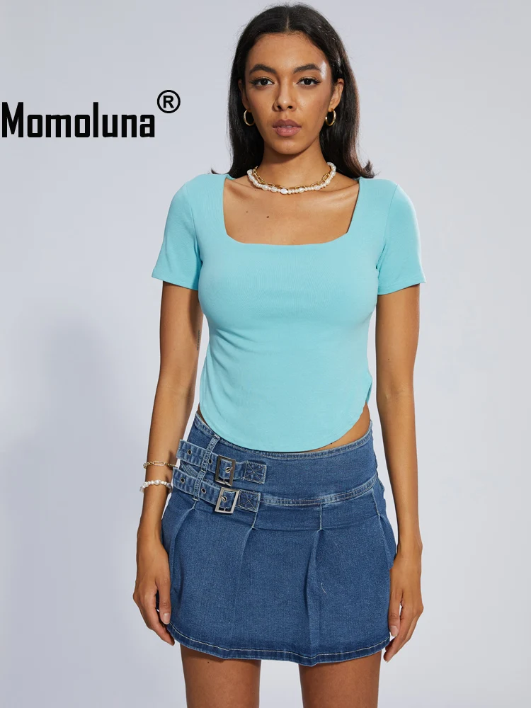 

Женская одежда Momoluna, 2K, короткий рукав, квадратный вырез, асимметричный кроп-топ, футболка