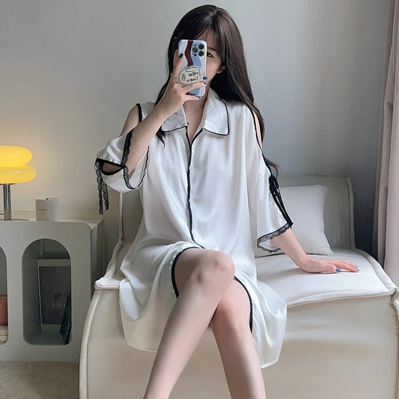 Autumn Silk Nightdress For Women Casual Pyjamas Female Button Sleepwear Sexy Lace Nightwear For Girls Underwear Home Clothes Pjs
Autumn Silk Nightdress For Women Casual Pyjamas Female Button Sleepwear Sexy Lace Nightwear For Girls Underwear Home Clothes Pjs