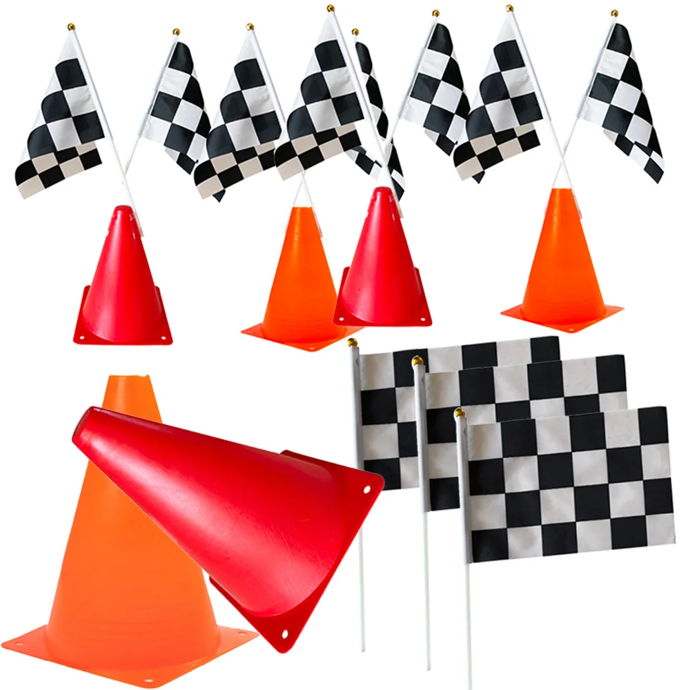 

18 Pcs Race Car Kids Birthday Party Traffic Cones and Racing Checkered Flags Black and White Flags Orange Red Sports Safety Cone