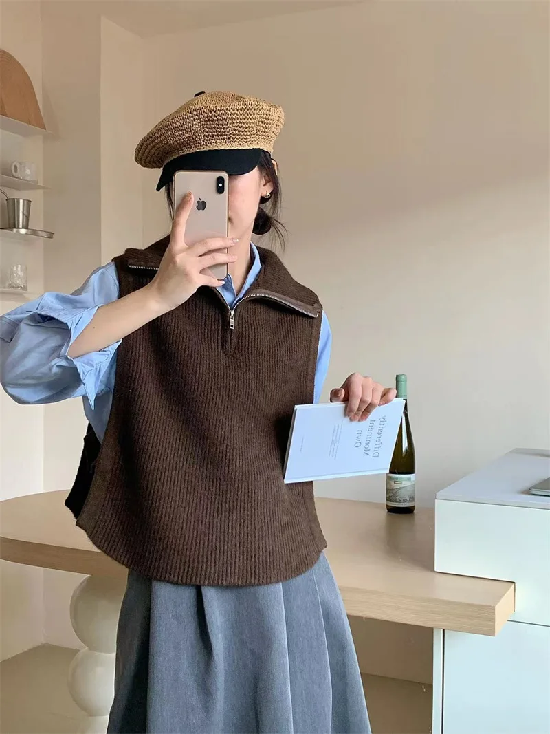 zipper collar Sweater Vest pull korean fashion chaleco mujer women Sleeveless Jumper knitwears outwears clothing Waistcoat
zipper collar Sweater Vest pull korean fashion chaleco mujer women Sleeveless Jumper knitwears outwears clothing Waistcoat