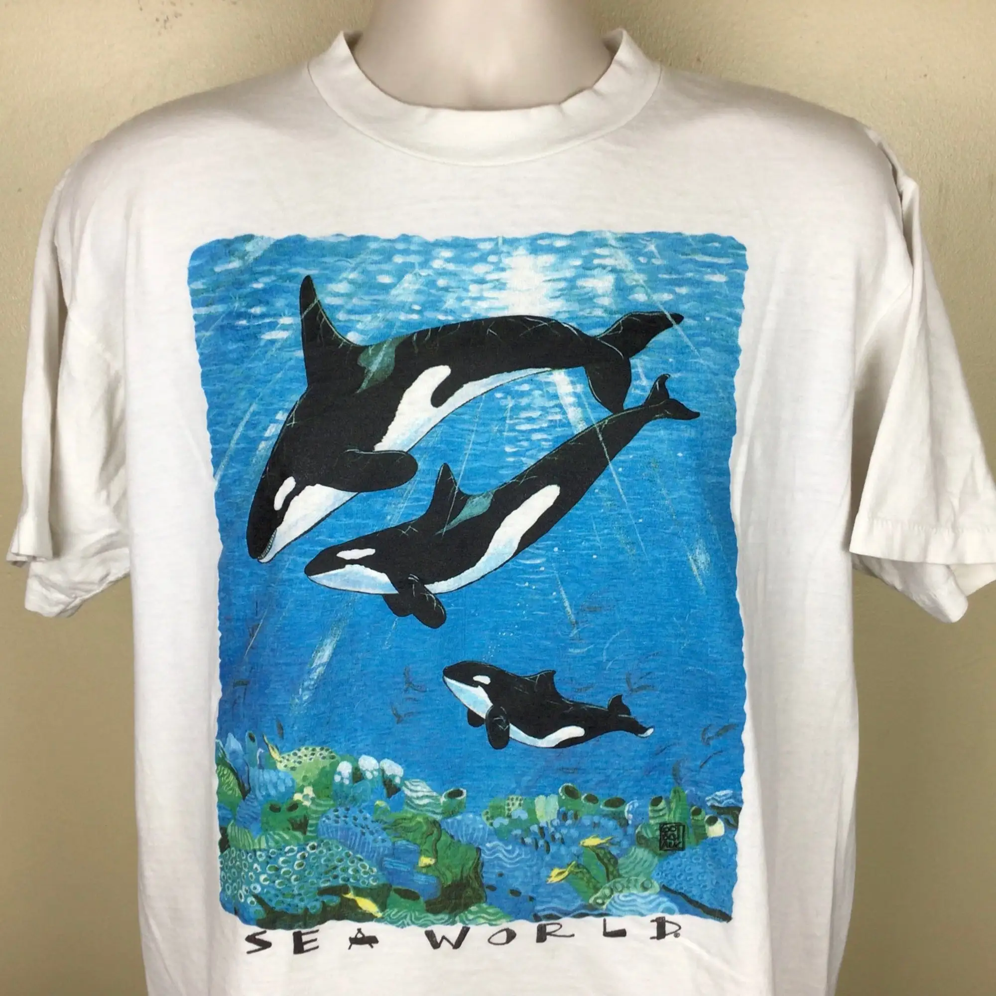 Vtg 90s морской мир Orcas футболка белый L китовидный тематический парк развлечений