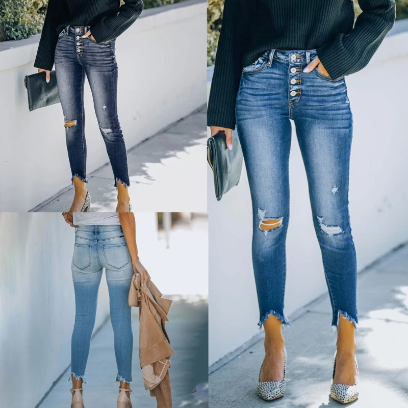 

Womens Ripped Holes Mid-Waisted Skinny Jeans Button Fly Distressed Frayed Hem Stretchy Slim Denim Pants Pencil Trousers