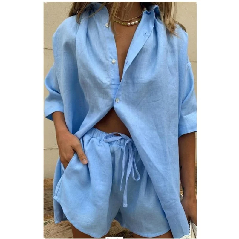 Summer New Women's Clothing Solid Color Single-breasted Short-sleeved Shirts Loose Ladies Shorts Fashion Casual Women's Suits
Summer New Women's Clothing Solid Color Single-breasted Short-sleeved Shirts Loose Ladies Shorts Fashion Casual Women's Suits