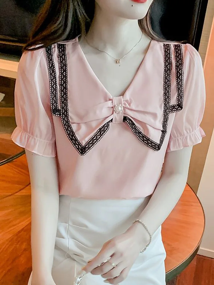 

Elegant Fashion Petal Sleeve Embroidered Flares Blouse Blouses New 2022 Summer Peter Pan Collar Sweet Pullovers Chic Shirt Grace