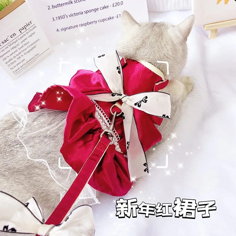 

Pet Cat Dog Red Bow Princessl Skirt Cat Rope Pet Harness for Chihuahua Teddy Yorkshire Dogs Cat Leash