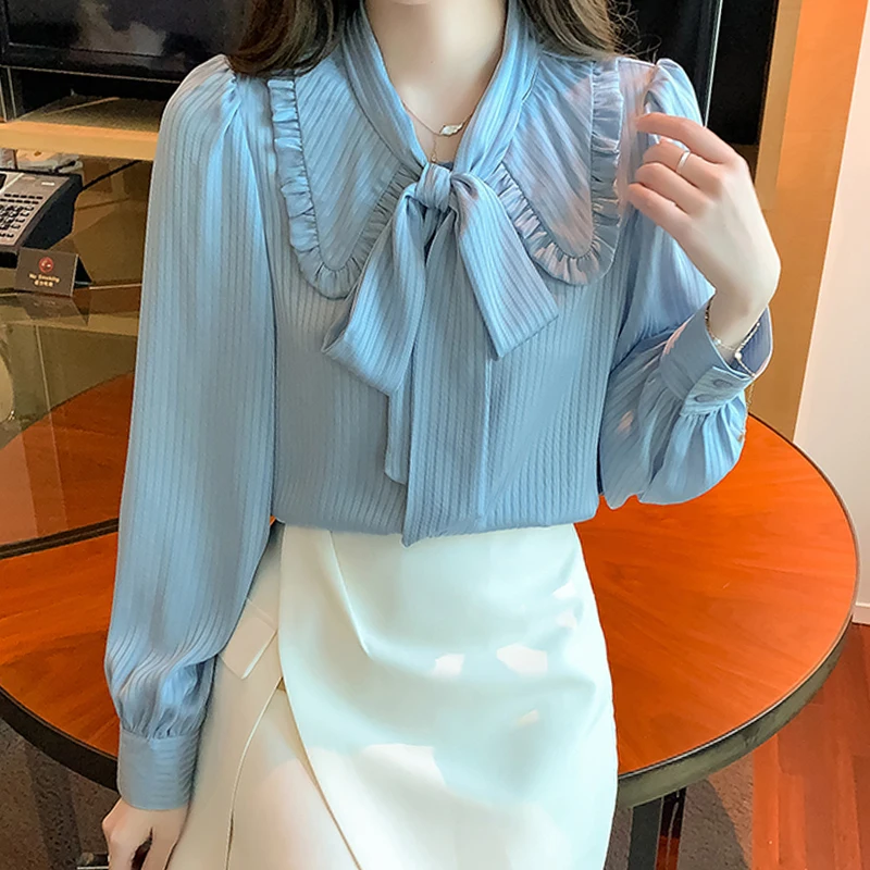 Autumn Women's Long Sleeve Doll Neck Shirt Sleeve Solid Stripe Bow Commuter Chiffon Shirt Womens Blouse Tops Camisas A404 
Autumn Women's Long Sleeve Doll Neck Shirt Sleeve Solid Stripe Bow Commuter Chiffon Shirt Womens Blouse Tops Camisas A404