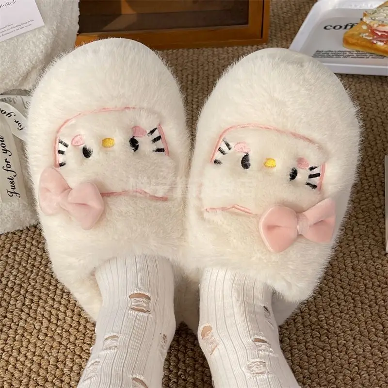 

Хлопковые тапочки Hello Kittys Sanrios, теплые домашние тапочки на среднем каблуке для девушек, аниме, милый мультяшный рисунок, для зимы и осени