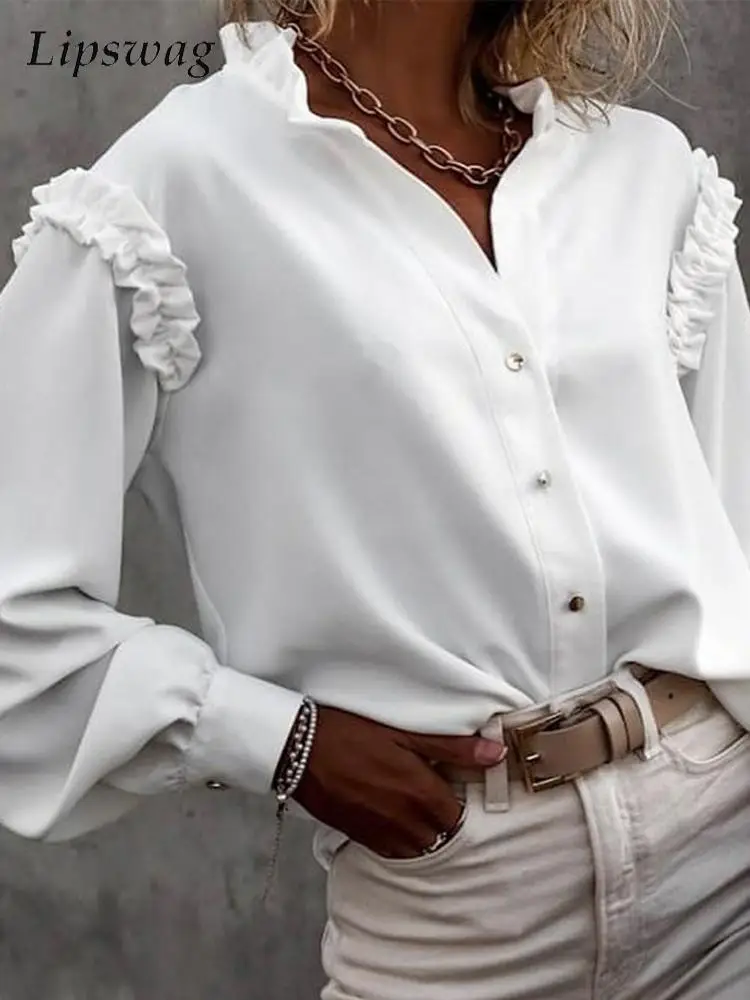 New Women Elegant Single Breasted Ruffle Blouse Shirts Fashion Stand Collar Long Sleeves Casual Shirt Lady Commuter Solid Blusas
New Women Elegant Single Breasted Ruffle Blouse Shirts Fashion Stand Collar Long Sleeves Casual Shirt Lady Commuter Solid Blusas