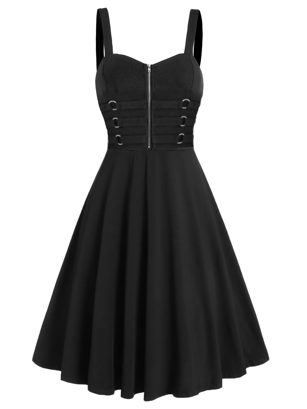 

Dressfo Pure Black Zip Up O-ring Straps Mini Dress For Female Summer High Waist Backless Sweetheart Neck Sleeveless Cami Robe