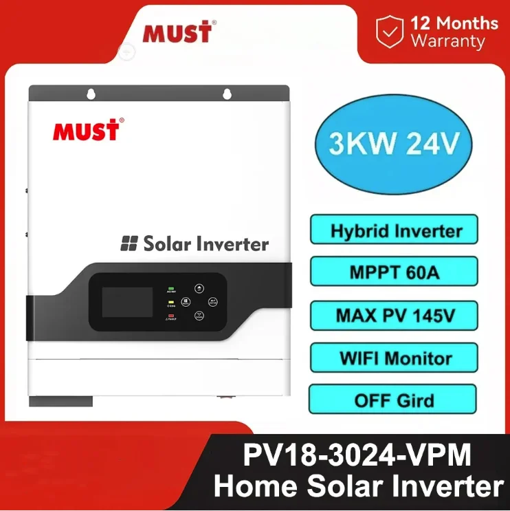 

Гибридный солнечный инвертор MUST 3 кВт, 24 В, PV1800 VPM, домашний чистый синусоидальный сигнал, MPPT 60A, 145 в, Макс. Вход PV, Автономная Солнечная система, ЖК-дисплей