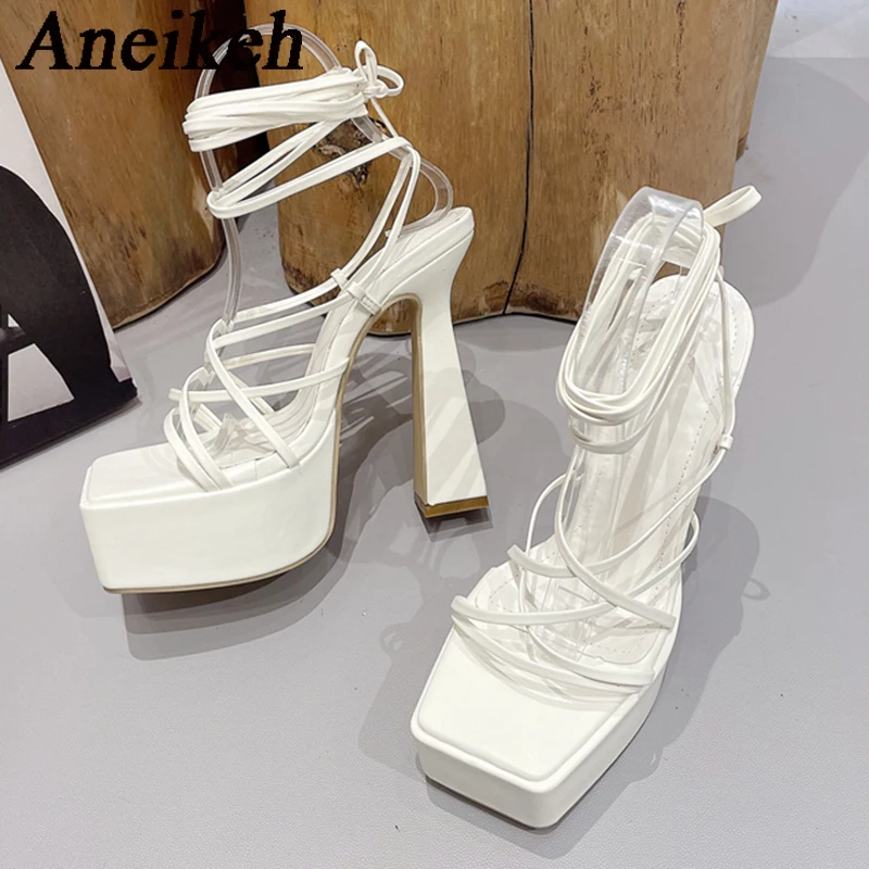 

Aneikeh 2024, лакированная кожа, платформа, узкие ремешки, перекрестные завязки, очень высокие каблуки, женские модные сандалии для стриптиза, для шеста, танца