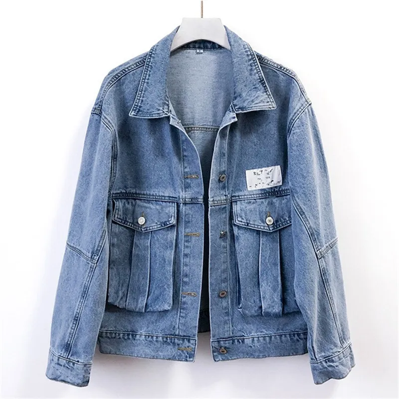 Spring Autumn Vintage Letter Print Patch Big Pocket Blue Denim Jacket Loose Long Sleeve Casual Short Jeans Jacket Chaqueta Mujer
Spring Autumn Vintage Letter Print Patch Big Pocket Blue Denim Jacket Loose Long Sleeve Casual Short Jeans Jacket Chaqueta Mujer
