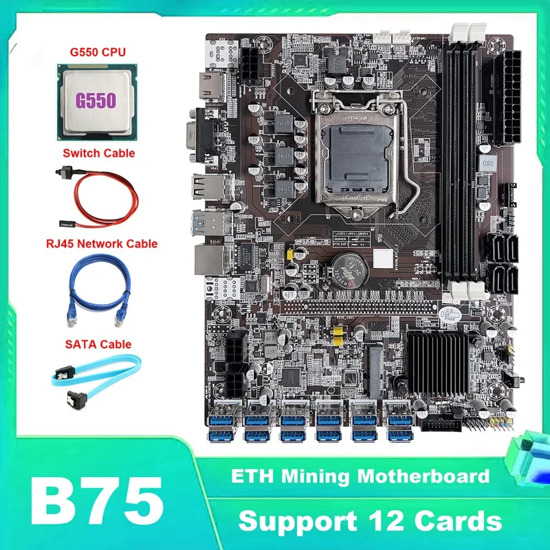 Материнская плата B75 ETH для майнинга, материнская плата 12 PCIE на USB LGA1155 с процессором G550 + кабель SATA + сетевой кабель RJ45 + кабель переключателя
Материнская плата B75 ETH для майнинга, материнская плата 12 PCIE на USB LGA1155 с процессором G550 + кабель SATA + сетевой кабель RJ45 + кабель переключателя