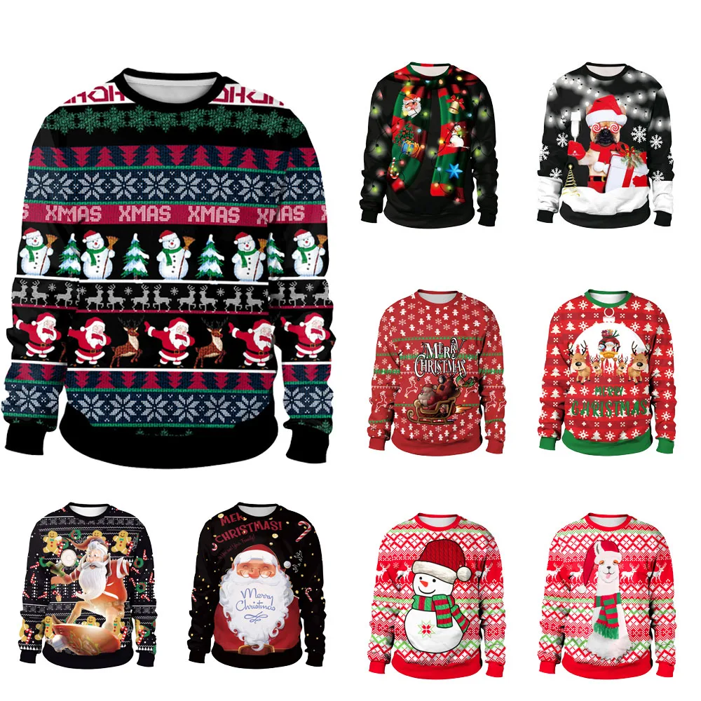 

Xmas Santa Snowman Reindeer Women Men Funny Ugly Christmas Sweaters Autumn 2022 Couples Crew Neck Loose Christmas Pullovers Tops