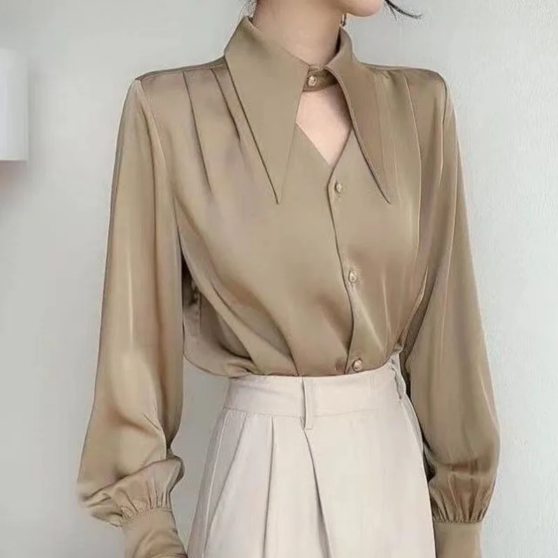 

Новая модная шикарная блузка с отложным воротником и длинным рукавом женская одежда на весну корейские однотонные элегантные рубашки в офисном стиле на пуговицах
