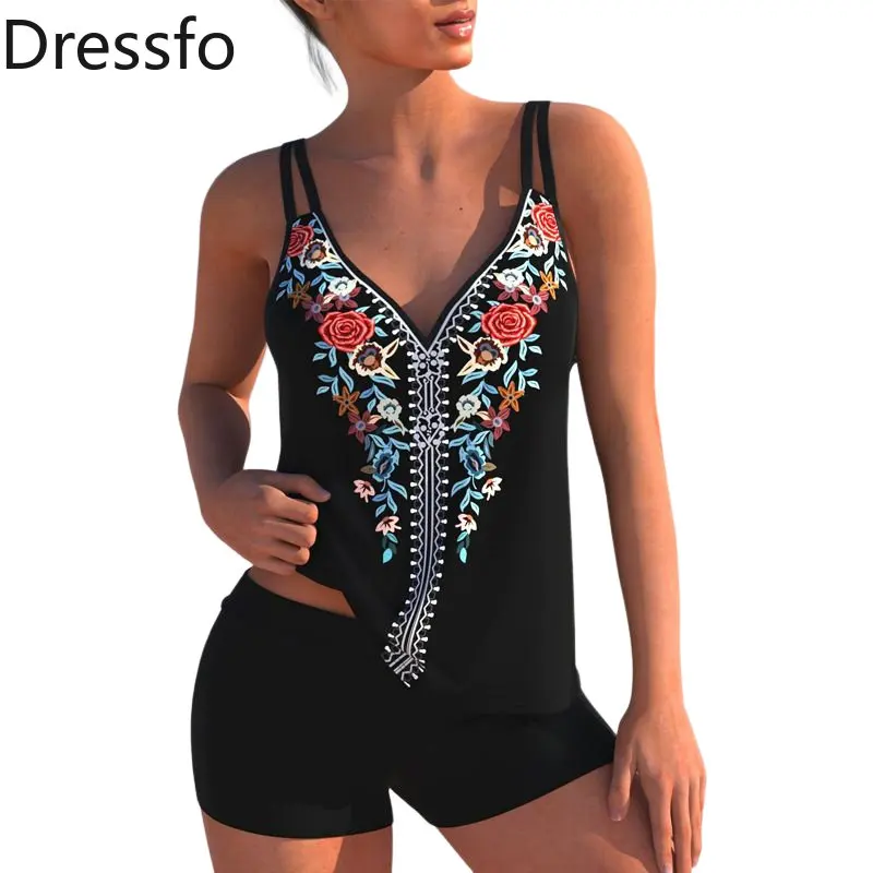 

Dressfo Flower Print Plunge Tankini Swimsuit Adjustable Strap Padded Tankini Two Piece Swimwear Boyleg Bathing Suit Women 2023
