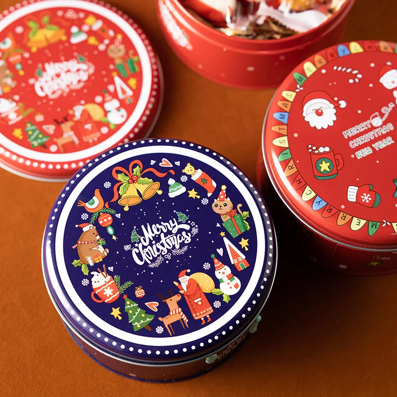 

10pcs Christmas Eve Favor Round Tin Gift Boxes Chocolate Snowflake Candy Cookies Gingerbread Man Baking Packaging Supplies