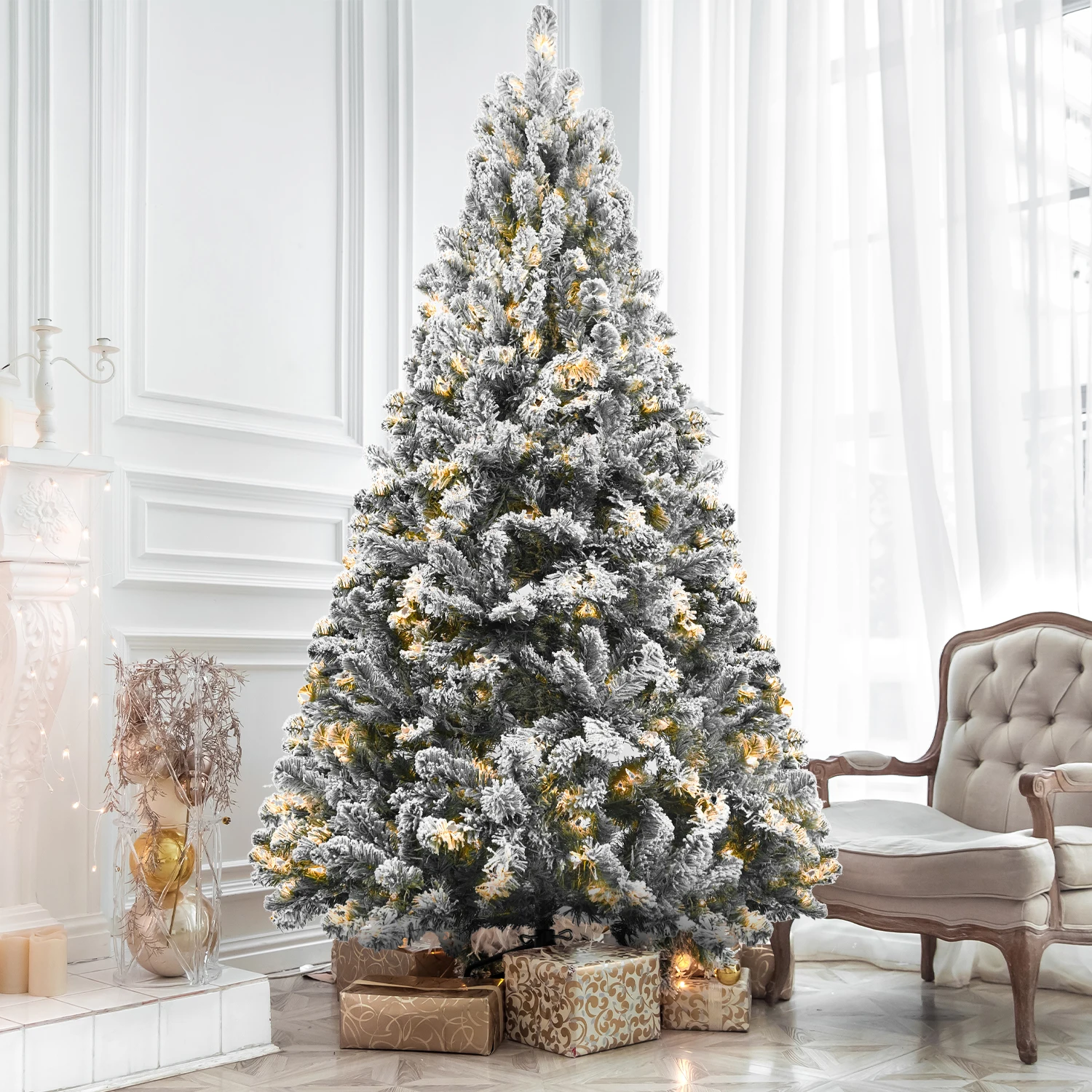 

Предварительно светящаяся Рождественская елка, легкая сборка, 328 ветвей, разбиваемая снегом искусственная Рождественская елка с фонариками, теплые огни, украшение для дома