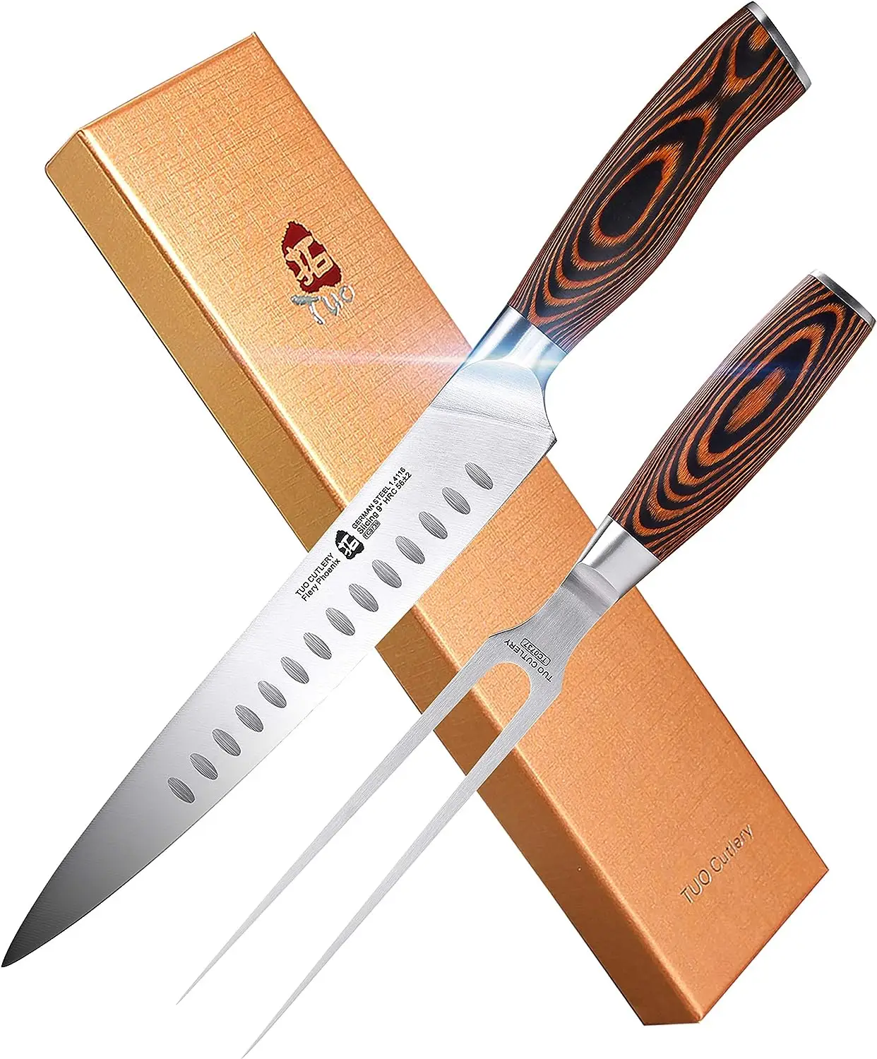 Set - 9" Carving Knife & 7" Fork - Hollow Ground German Stainless Steel Carving Knife and Fork Set 2 Pcs - Pakkawood
Set - 9" Carving Knife & 7" Fork - Hollow Ground German Stainless Steel Carving Knife and Fork Set 2 Pcs - Pakkawood