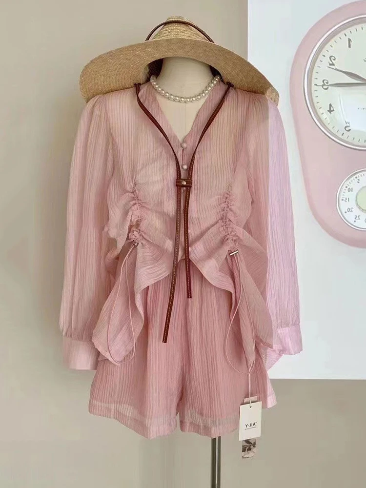 Summer Two Piece Sets For Women V Neck Long Sleeve Top Drawstring Button Shirt High Waist Shorts Loose Set Female Outfits
Summer Two Piece Sets For Women V Neck Long Sleeve Top Drawstring Button Shirt High Waist Shorts Loose Set Female Outfits