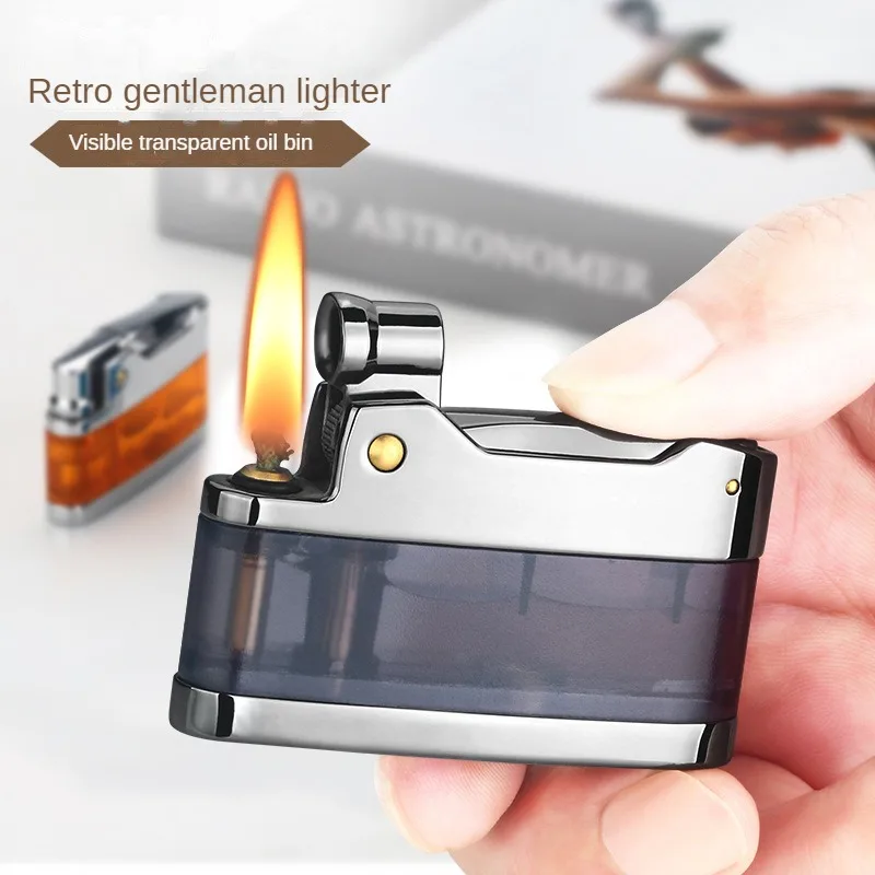 

Old fashioned retro press ignition kerosene lighter smoking cool torch windproof transparent oil chamber grinding wheel lighters