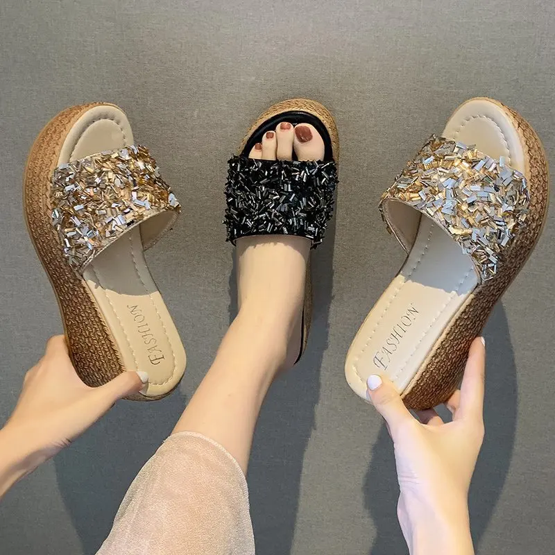 

Slippers Women's Summer Outer Wear Fashion Thick Bottom Wedge Heel Sequins Solid Color One Word Beach Sandals and Slippers