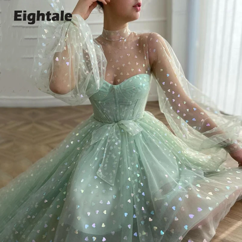 Eightale Mint Green Prom Dresses with Printed Hearts High Neck Long Puffy Sleeves Mini Party Celebrity dress for Graduation
Eightale Mint Green Prom Dresses with Printed Hearts High Neck Long Puffy Sleeves Mini Party Celebrity dress for Graduation