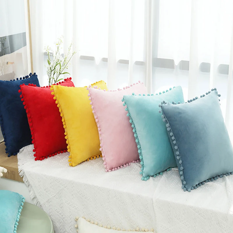 

New Velvet Pompom Ball Tassels Cushion Cover Solid Color Throw Pillow Case For Sofa Home Decor Lumbar Pillowcase 45x45cm 30x50cm