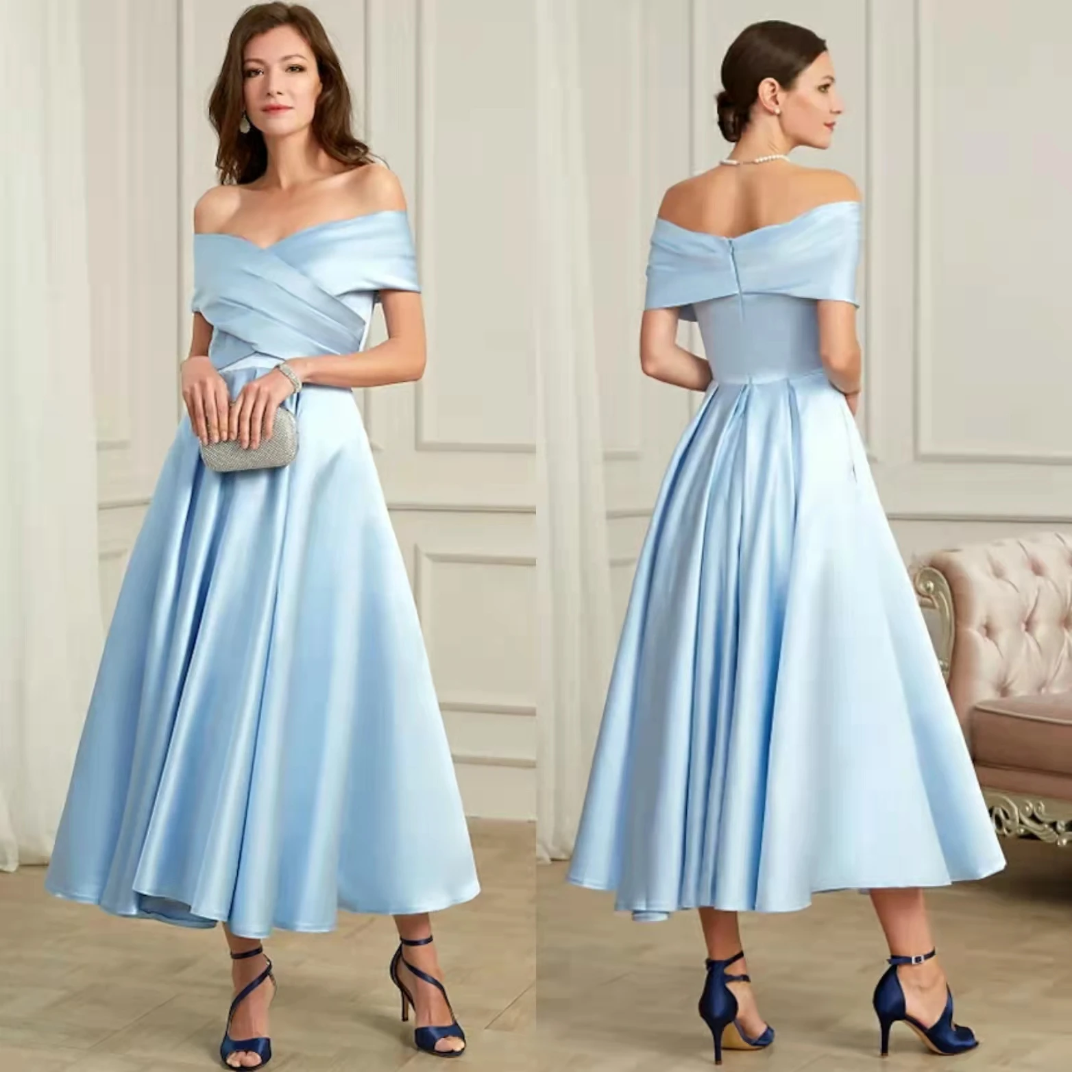 Elegant Short Off Shoulder Satin Evening Dresses With Pockets A-Line Wedding Guest Cocktail Party Dress With Pleats for Women
Elegant Short Off Shoulder Satin Evening Dresses With Pockets A-Line Wedding Guest Cocktail Party Dress With Pleats for Women