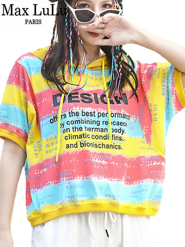 Женские полосатые футболки с капюшоном Max LuLu, летние модные свободные топы с принтом для отдыха и фитнеса, хлопковая одежда, 2023 
Женские полосатые футболки с капюшоном Max LuLu, летние модные свободные топы с принтом для отдыха и фитнеса, хлопковая одежда, 2023