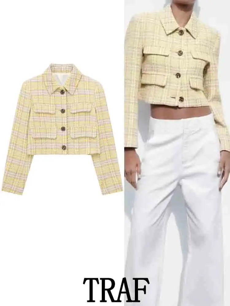 TRAF 2023 Women Plaid Texture Short Blazer Jacket Coats Fashion Long Sleeve Single Breasted Vintage Spring Causal Slim Tops
TRAF 2023 Women Plaid Texture Short Blazer Jacket Coats Fashion Long Sleeve Single Breasted Vintage Spring Causal Slim Tops
