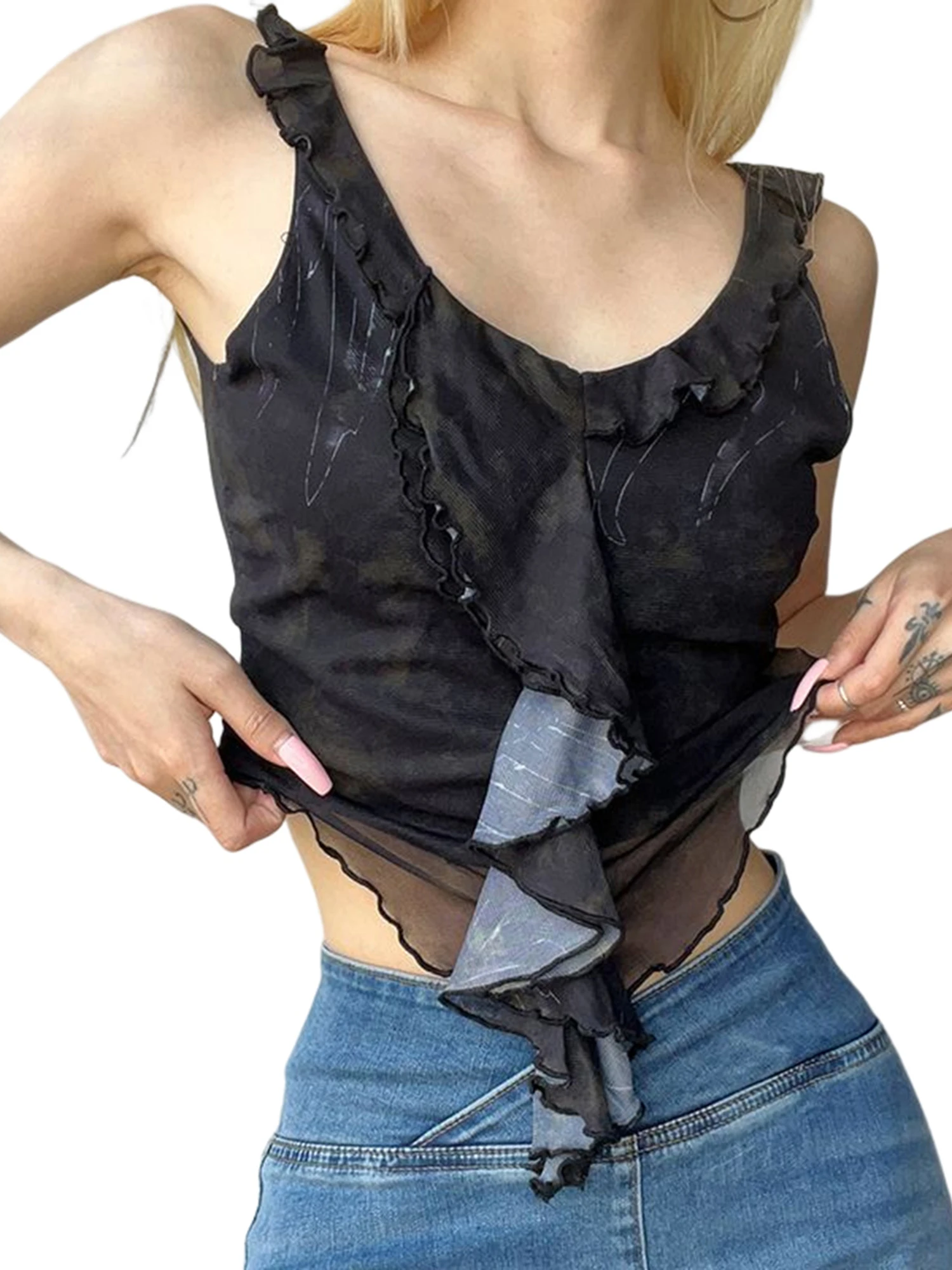 Casual Ruffles Sleeveless Camis Fashion Women Print Tank Tops V Neck Vests Summer Slim Fit Shirts Streetwear Sexy Black Camisole
Casual Ruffles Sleeveless Camis Fashion Women Print Tank Tops V Neck Vests Summer Slim Fit Shirts Streetwear Sexy Black Camisole