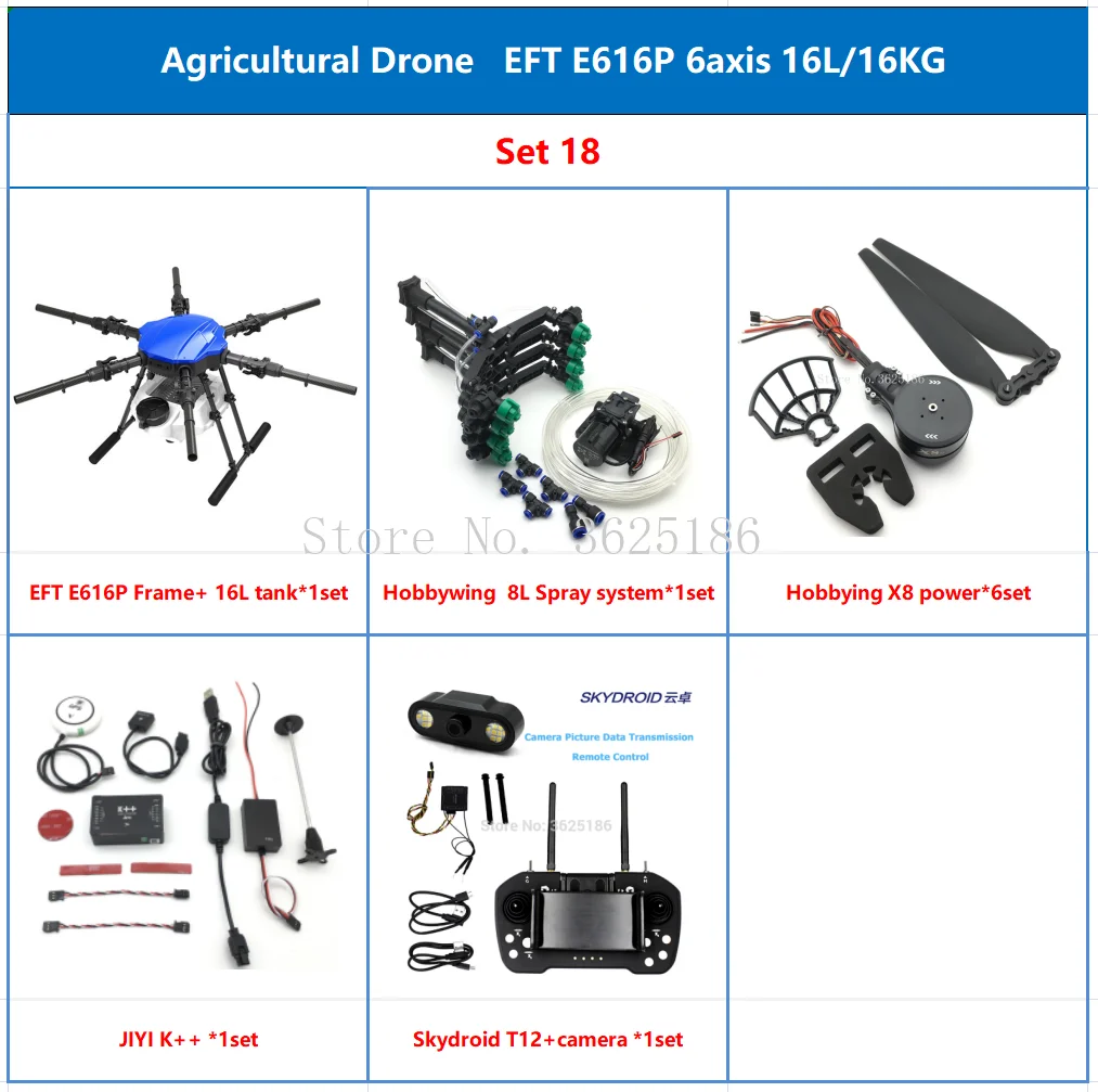 EFT E616P Six-axis 16L 616P 16KG Agricultural Spray Drone Frame Kit Brushless Spray system with Hobbywing X8 Power FC VD32 T12
EFT E616P Six-axis 16L 616P 16KG Agricultural Spray Drone Frame Kit Brushless Spray system with Hobbywing X8 Power FC VD32 T12