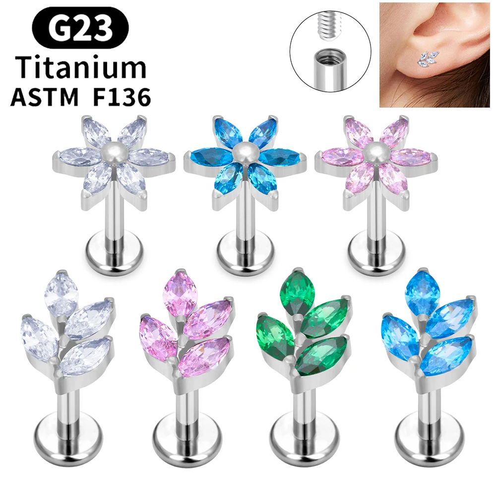 

G23 Titanium Leaf Flower Shape Ear Studs Pierc Tragus Cartilage Helix Daith Earrings CZ Top 16G Lip Stud Women Piercing Jewelry