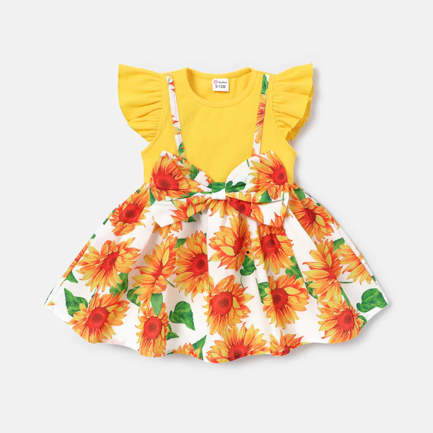 

PatPat Baby Girl Allover Sunflower Print Bow Front Spliced Flutter-sleeve Dress