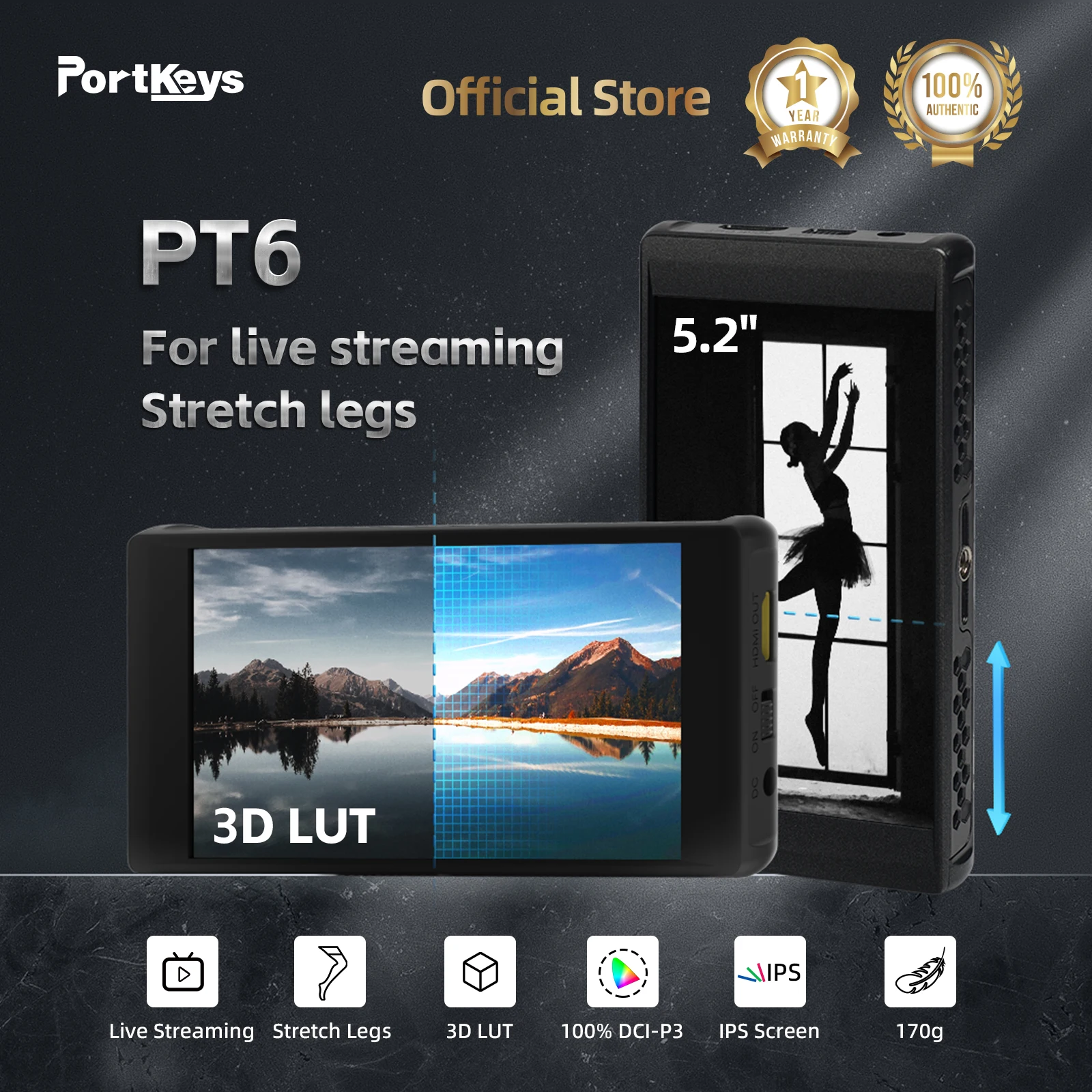 

Portkeys PT6 5.2 Inch Portable HDMI Monitor for Live Streaming 4K IPS Dslr Monitor with Stretch Legs 3D LUT Real-time Output