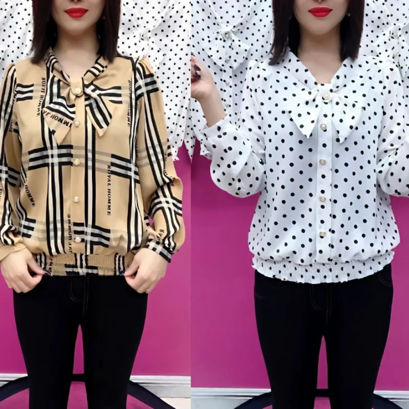 Women's Clothing Casual Temperament Commuting Autumn and Winter Splice Buttons Bow Printed V-neck Long Sleeved Pullover Shirt
Women's Clothing Casual Temperament Commuting Autumn and Winter Splice Buttons Bow Printed V-neck Long Sleeved Pullover Shirt