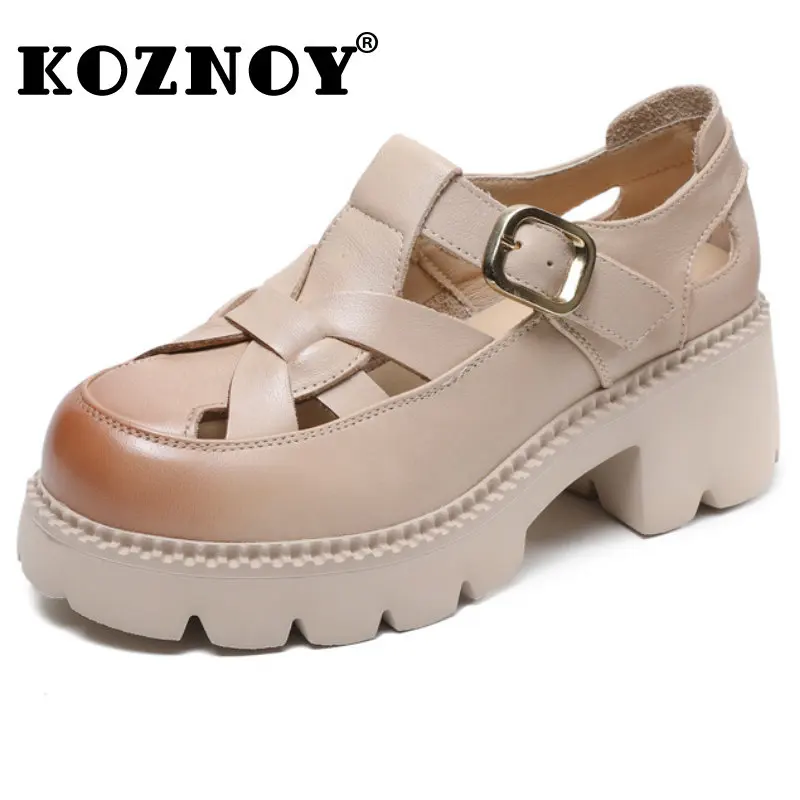 

Koznoy 5.5cm Women Moccasins British Natural Cow Genuine Leather Summer Platform Wedge Ladies Hook Weave ROME Mary Jane Shoes