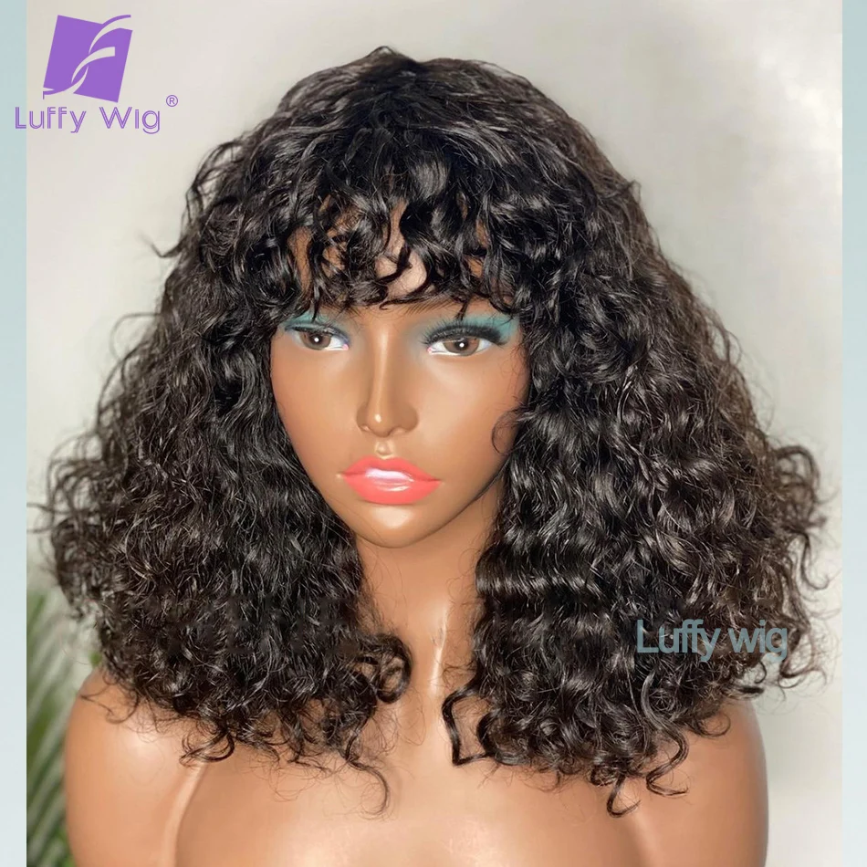 

Curly Wig With Bangs Human Hair Brazilian Remy O Scalp Top Short Curly Bob Bang Wig Glueless 200 Density For Black Women Luffy