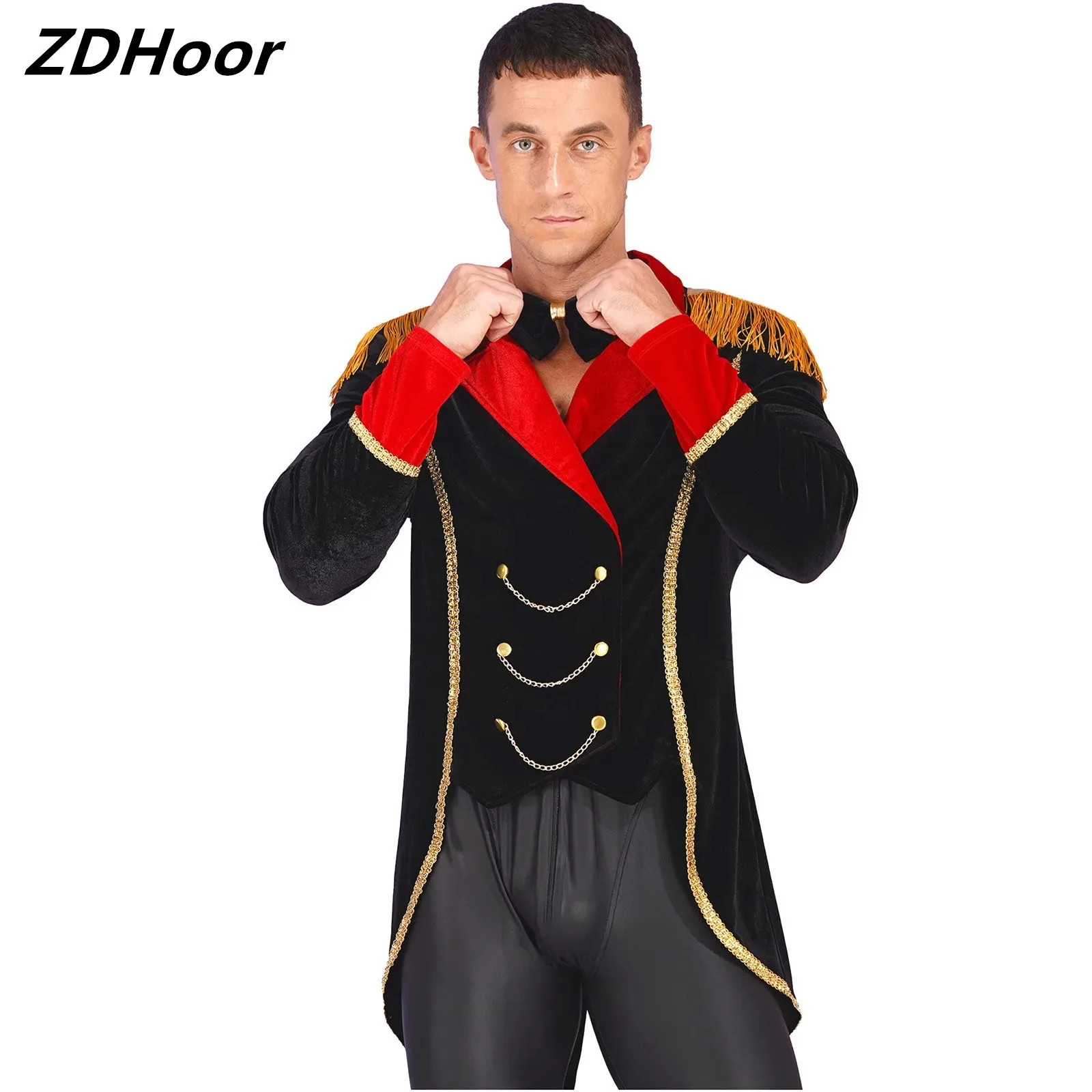 Men Halloween Circus Ringmaster Cosplay Costume Lapel Fringe Velvet Jacket Metal Chains Swallow-Tailed Coat with Bow Tie
Men Halloween Circus Ringmaster Cosplay Costume Lapel Fringe Velvet Jacket Metal Chains Swallow-Tailed Coat with Bow Tie