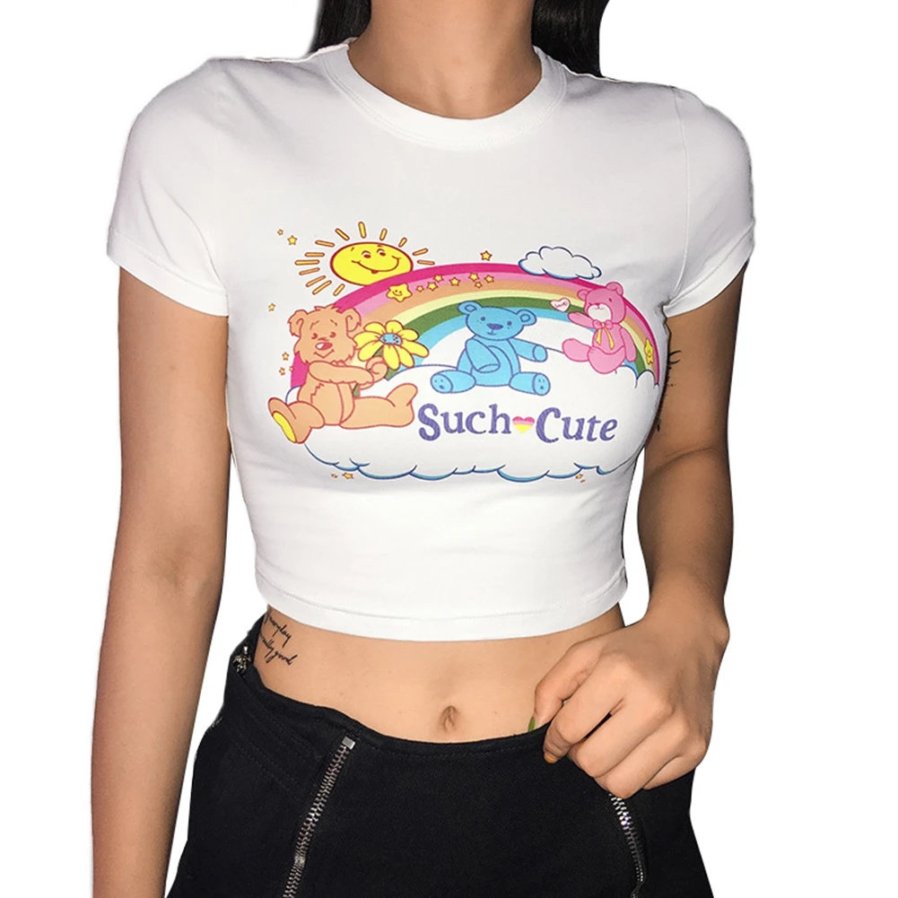 Women Short Sleeve T-Shirt Summer Female Caroon Bear Rainbow Print Slim Fit Top
Women Short Sleeve T-Shirt Summer Female Caroon Bear Rainbow Print Slim Fit Top