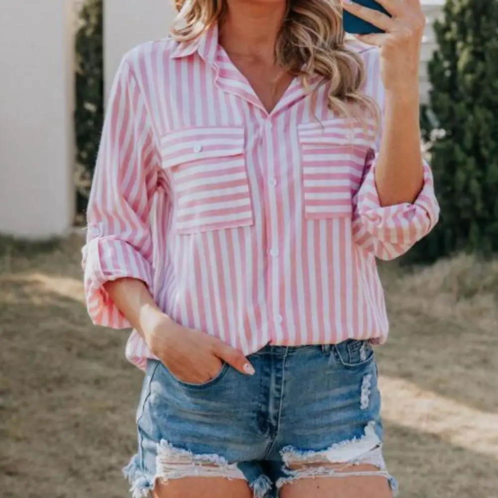 Turn-Down Collar Long Sleeve Patch Pockets Women Shirt Striped Print Buttons Down Loose Office Shirt All-matched Casual Shirt
Turn-Down Collar Long Sleeve Patch Pockets Women Shirt Striped Print Buttons Down Loose Office Shirt All-matched Casual Shirt