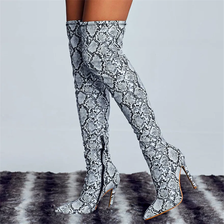 

2022 White Snake Print Leather Over The Knee Boots Thin Heel Zipper Sexy Party Shoes Pointy Toe Thigh High Woman Boot Size 35-42